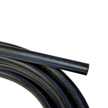 Tubo de PE negro de 1" IPEX con franja azul, 100 PSI (diámetro interior 1,05") (300')