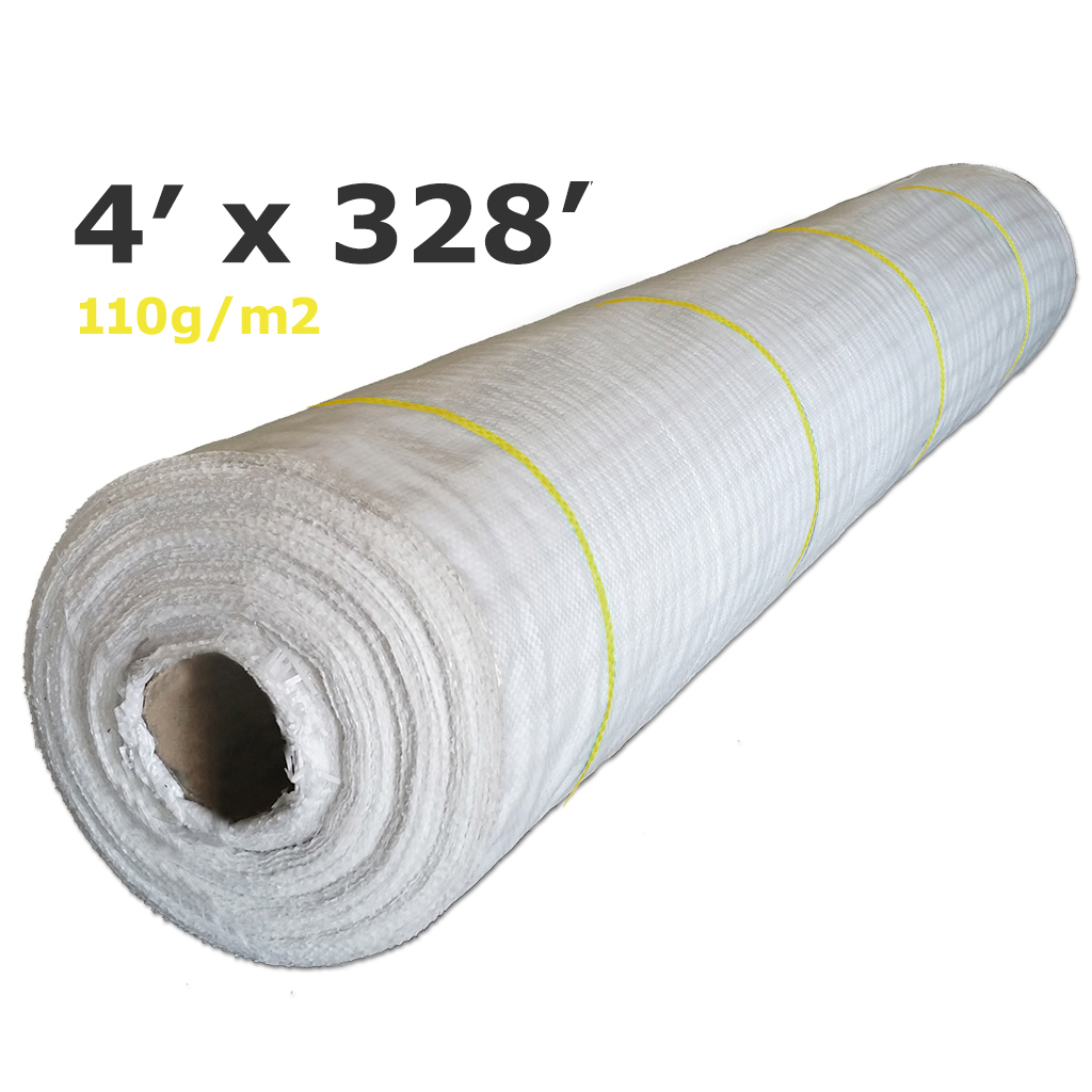Couvre-sol géotextile tissé BLANC ligné JAUNE polyp 110g 1,22m(4')x100m(328') perméable