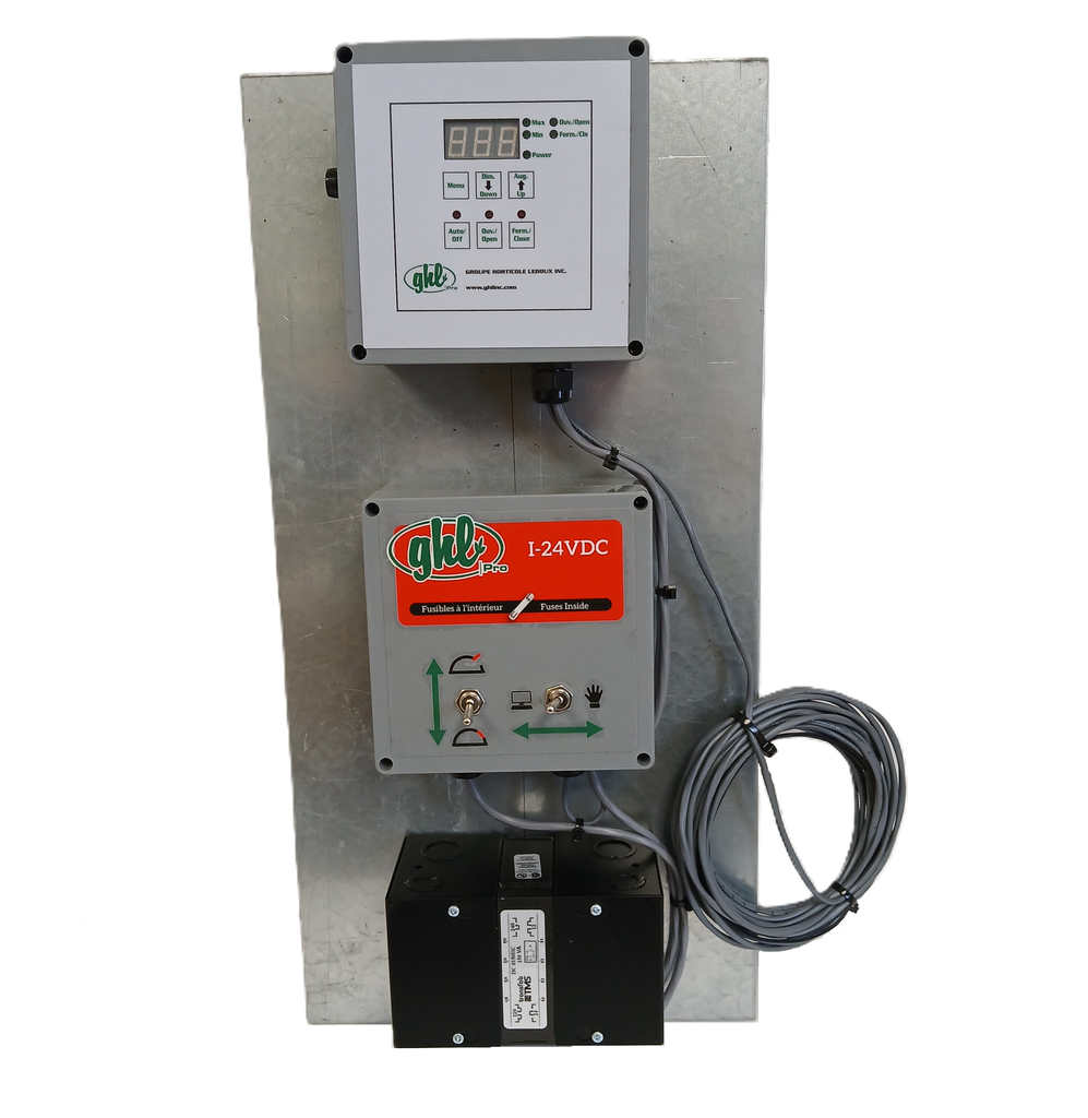 Ensemble pour moteur de côté ouvrant incluant contrôleur de température cyclique GHL 24Vac, inverseur de moteur GHL I-24VDC et transfo 150 VA