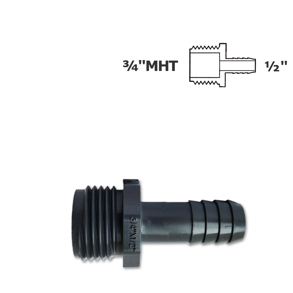 Reducer adapter grey 3/4 MHT (hose) x 1/2 ins