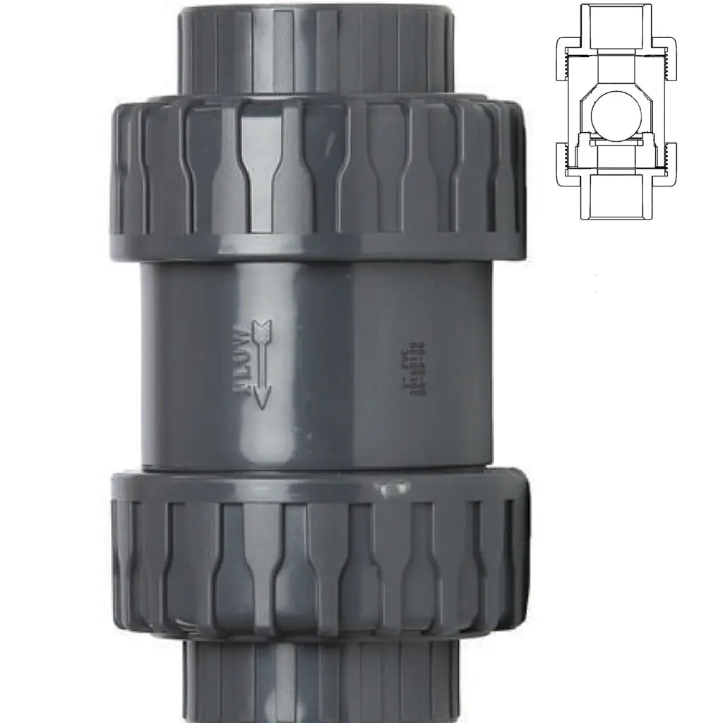Valvula de retención a esfera true unión pvc sello EPDM gris
