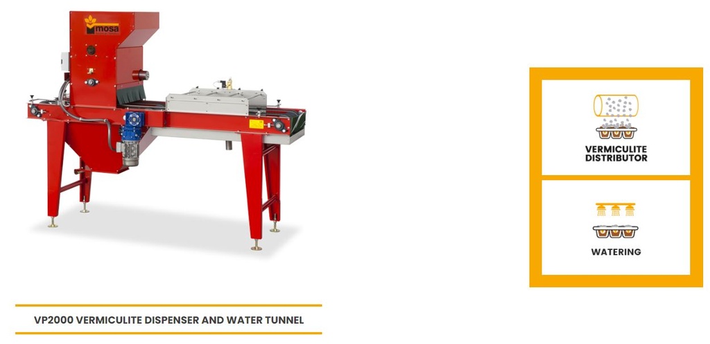 Mosa Green TO55S Step Sowing line including seeder, vermiculite dispenser, water tunnel and feeding belt