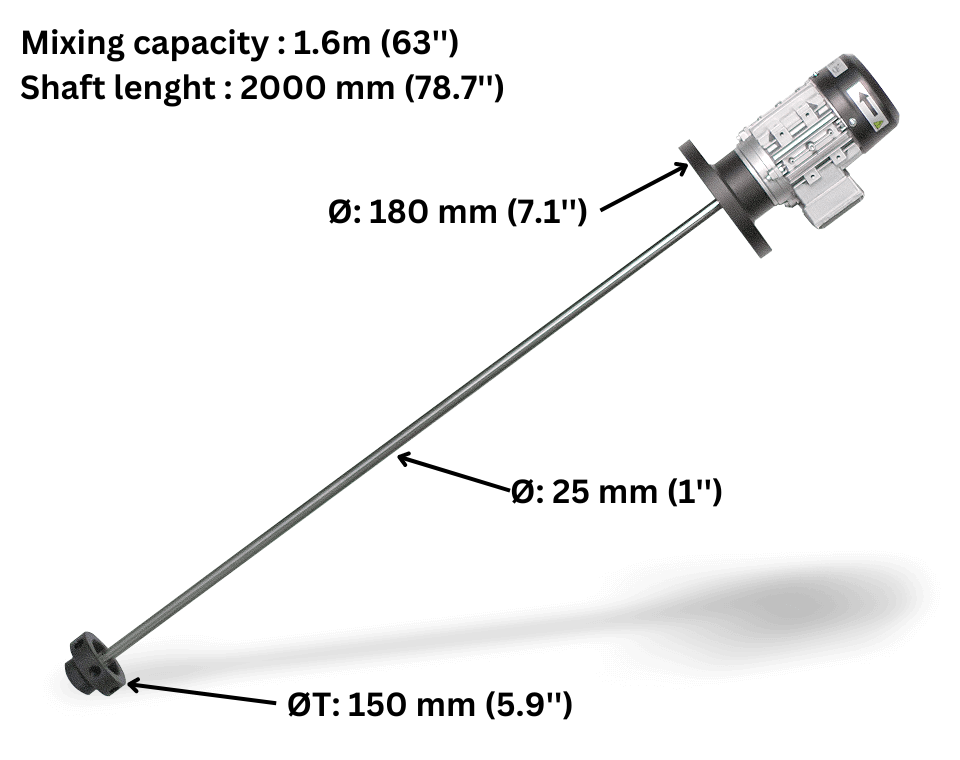 Agitateur à turbine ITC moteur triphasé 220V 60Hz 660W, shaft inox 2m, mixing 1.6mm