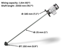 ITC Agitador de turbina motor trifásico 220V 60Hz 660W, shaft inox 2m, mixing 1.6mm