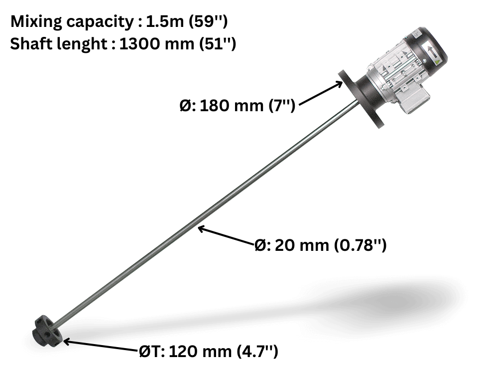 Agitateur à turbine ITC moteur triphasé 220V 60Hz 444W, shaft inox 1.3m, mixing 1.5mm