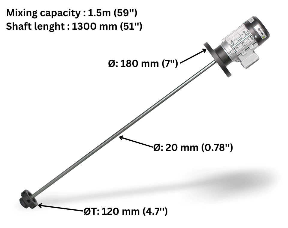 ITC Turbine agitator (mixer) 3-phase motor 230V 60Hz 444W, shaft stainless 1.3m, mixing 1.5mm