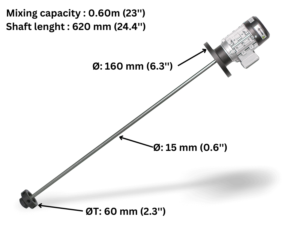 Agitateur à turbine ITC moteur triphasé 220V 60Hz 080W, shaft inox 0.62m, mixing 0.6mm