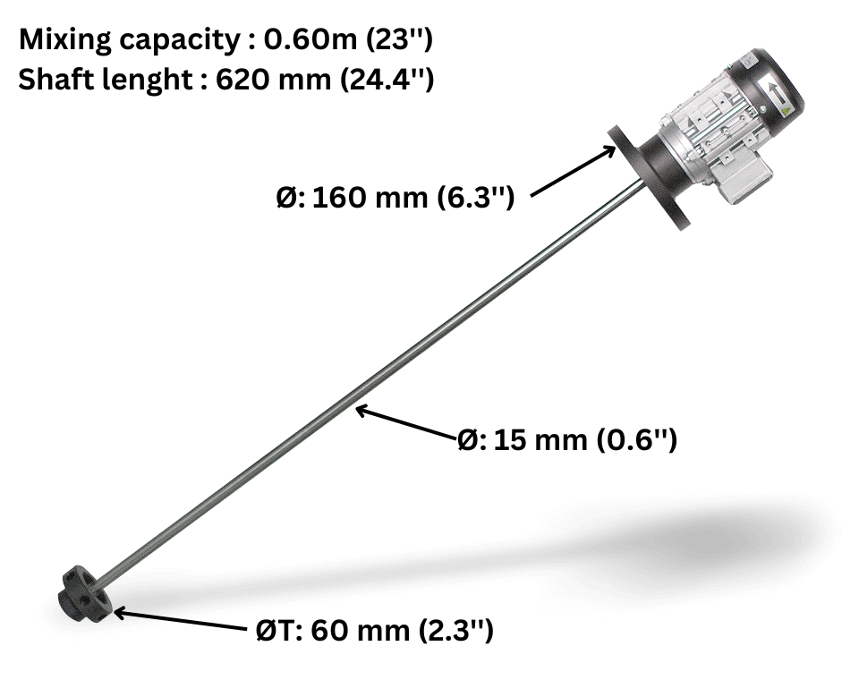 Agitateur à turbine ITC moteur triphasé 230V 60Hz 080W, shaft inox 0.62m, mixing 0.6mm