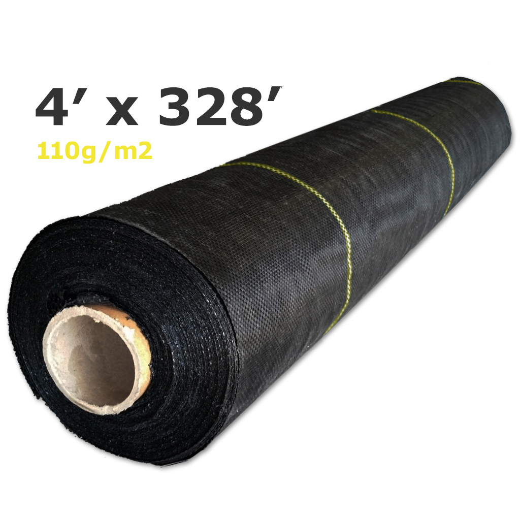 Couvre-sol géotextile tissé NOIR ligné JAUNE polyp 110g 1,22m(4')x100m(328') perméable