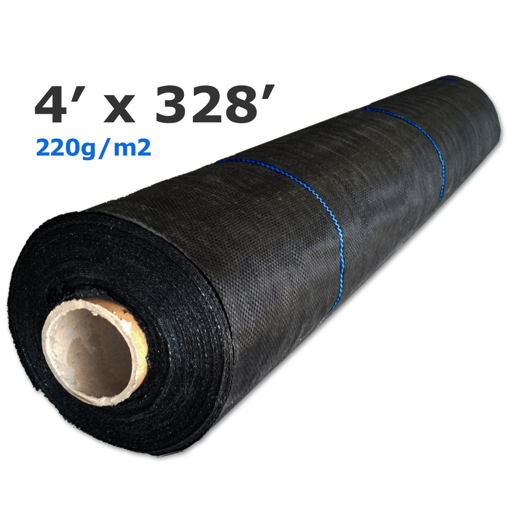 Couvre-sol géotextile tissé NOIR ligné BLEU polyp 220g 1,22m(4')x100m(328') perméable