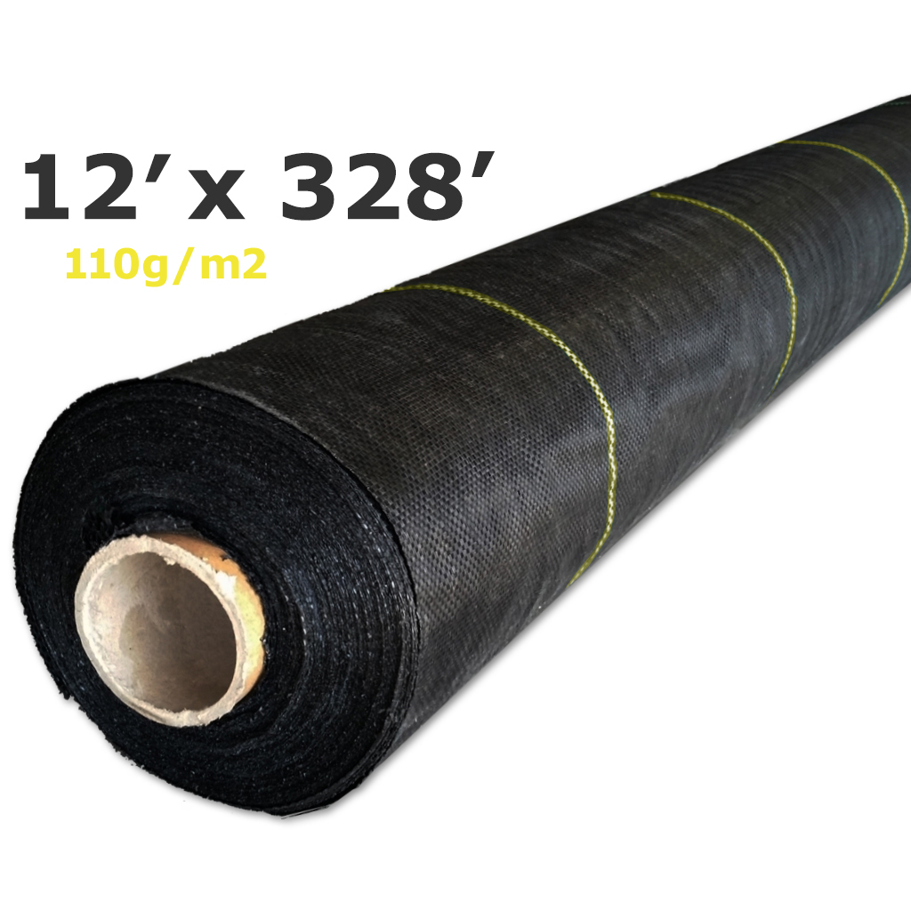 Couvre-sol géotextile tissé NOIR ligné JAUNE polyp 110g 3,66m(12')x100m(328') perméable