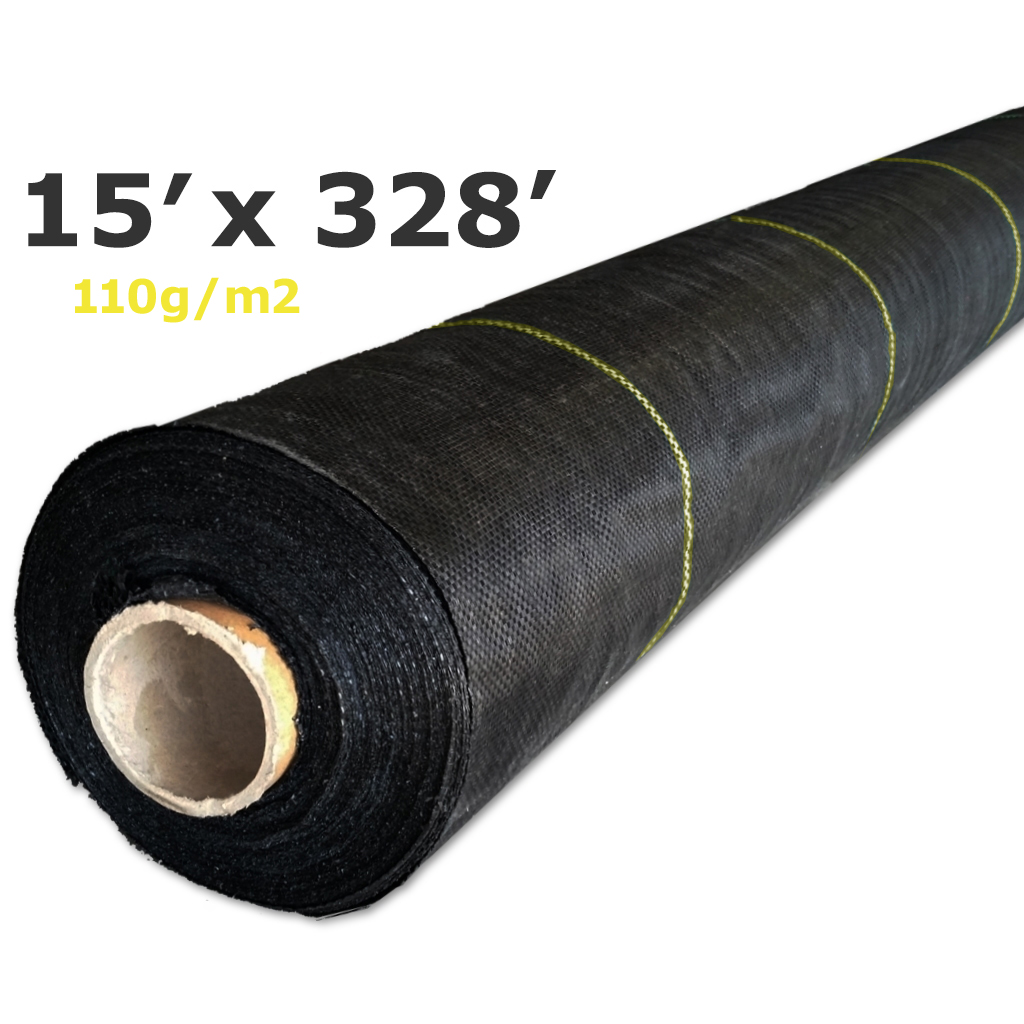 ​​Black yellow-lined woven ground cover 4.57mx100m (15'x 328') 110g, permeable