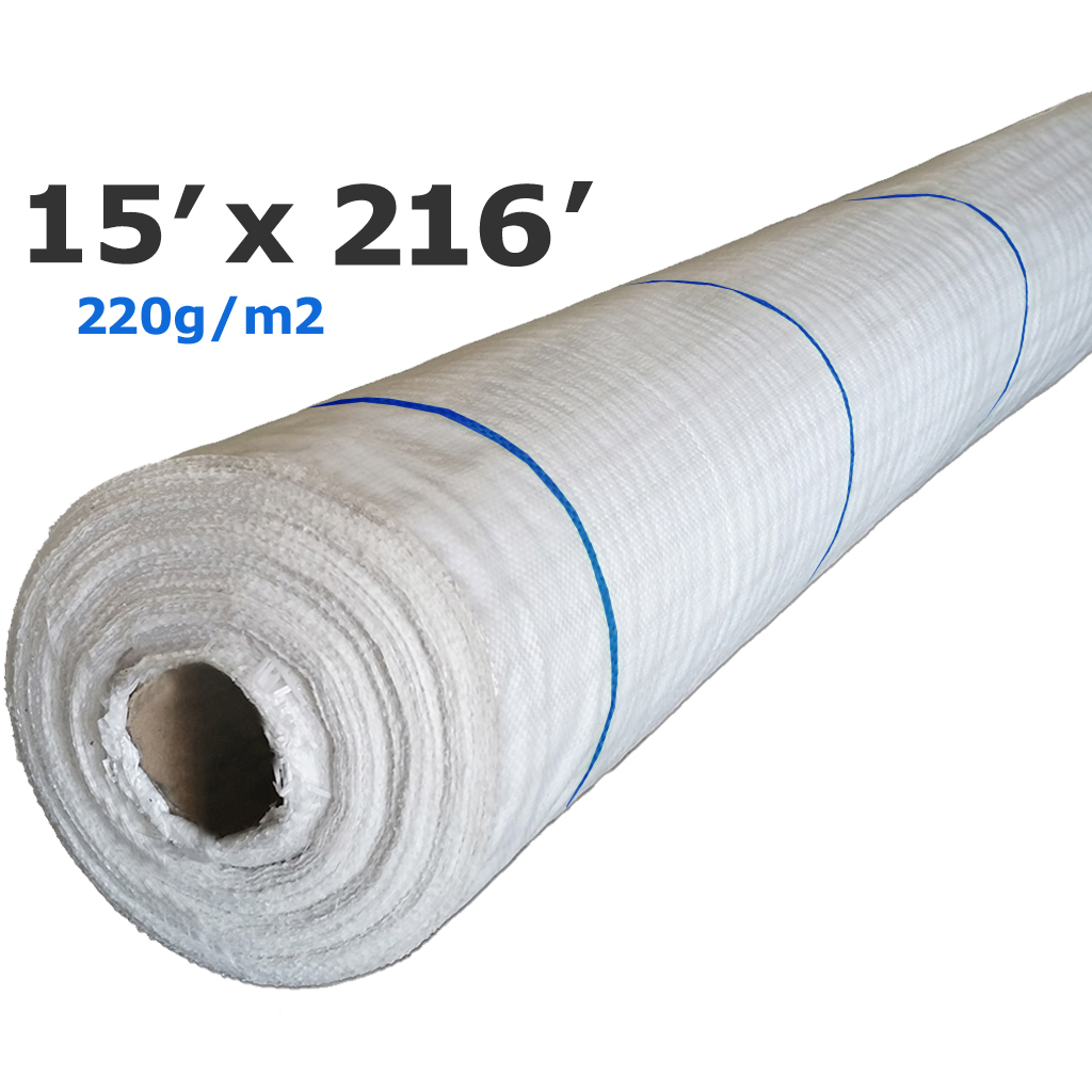 Couvre-sol géotextile tissé BLANC ligné BLEU polyp 220g 4,57m(15')x66m(216') perméable