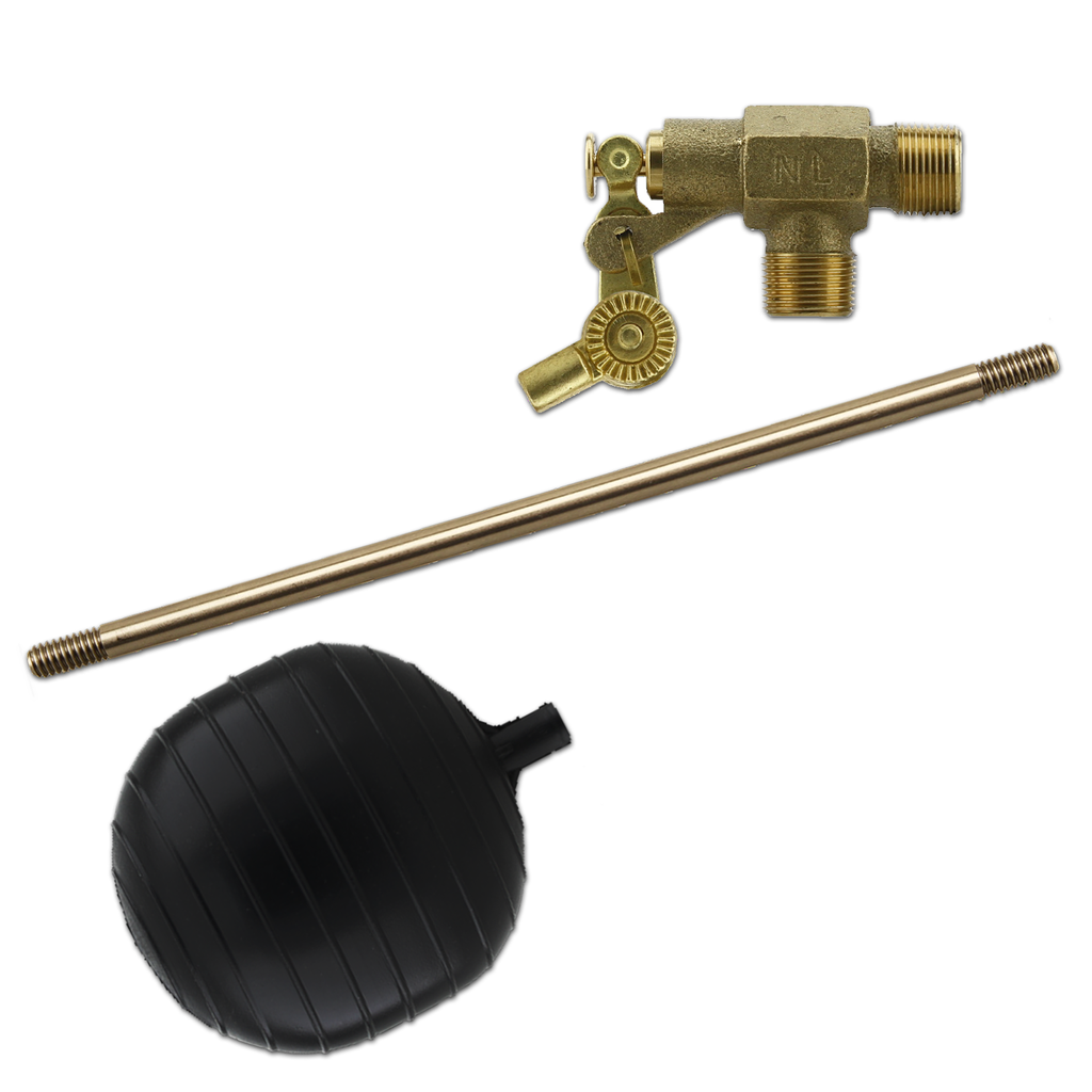 Brass float valve (threaded) 1" MPT, 4" open plastic float and rod 12"