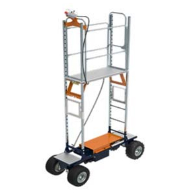 Ensemble Chariot Élec/Roues pneumatiques Berg BENOMIC EasyTrack, 75cm x 190cm , max 120kg, plat. 44.5cm x 116cm, Hauteur max. 230cm + inclinomètre + chargeur de  batterie 115V-50-60Hz, 24V-8A + IP65 USA-plug (coût du transport d'Europe au Canada inclus)