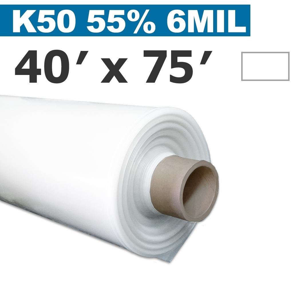 ​Poly 40' Sheet White 55% opacity 6mil K-50 50UV Klerk's *pre-cut* 40' x 75'