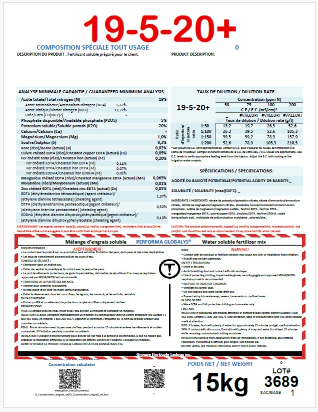 ​​​​​​​​​Performa Globalys 19-5-20+ soluble mix   (Serres Chez Mario)